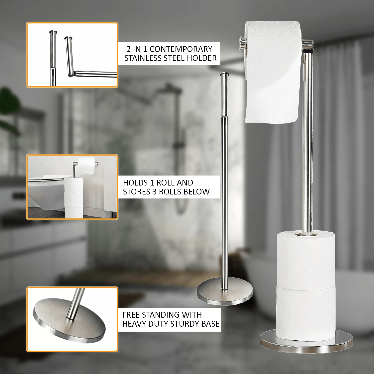 Standing Toilet Paper Holder - 5 Loop Roll Toilet Holder Stand No Drill Easy Setup Chrome Tools - Tophatter Daily Deals