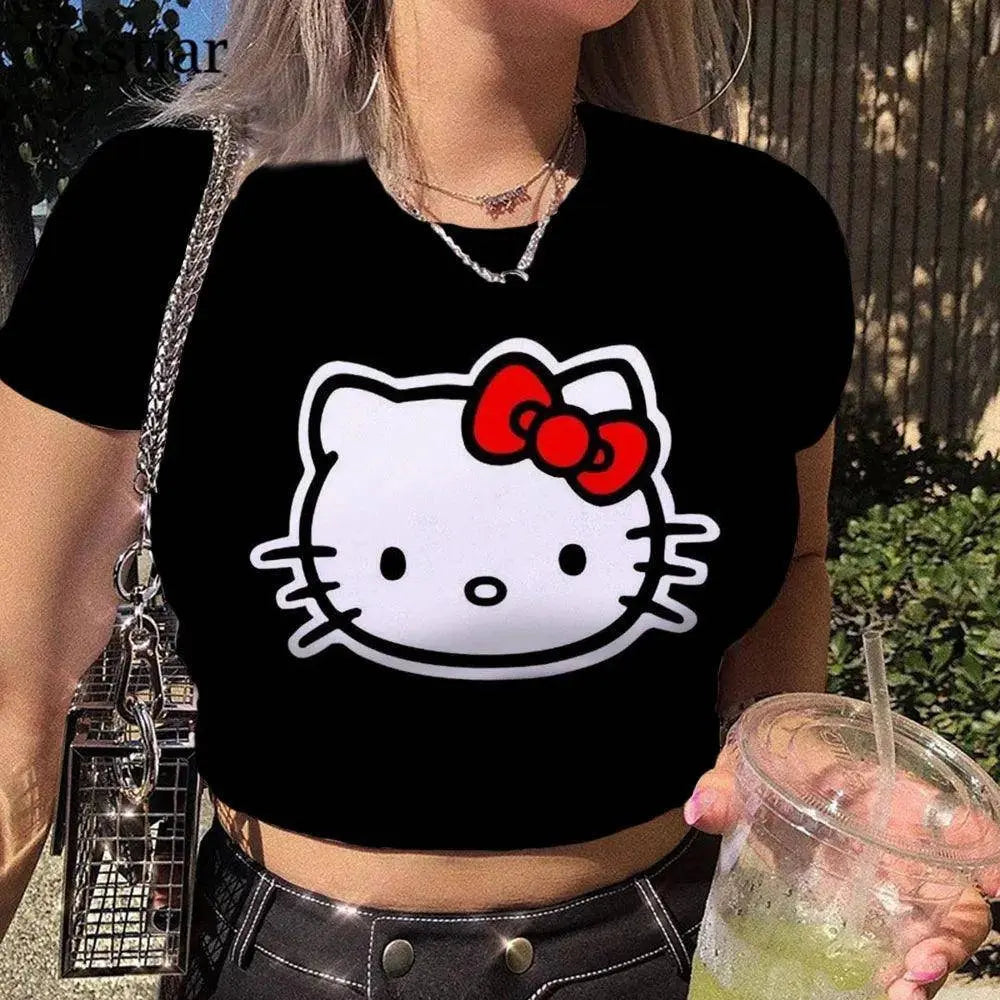 Summer Aesthetic Patchwork Crop Top Women Vintage Punk Hello Kitty Print Short Sleeve T-Shirt Sexy style Y2k Clothes Pink Tee ACZ1DG0613 - Tophatter Daily Deals