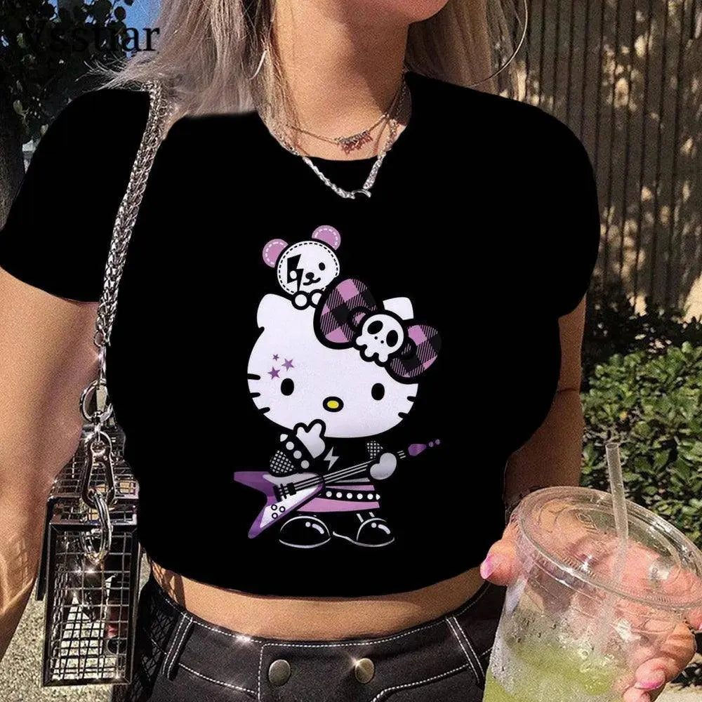 Summer Aesthetic Patchwork Crop Top Women Vintage Punk Hello Kitty Print Short Sleeve T-Shirt Sexy style Y2k Clothes Pink Tee - Tophatter Daily Deals