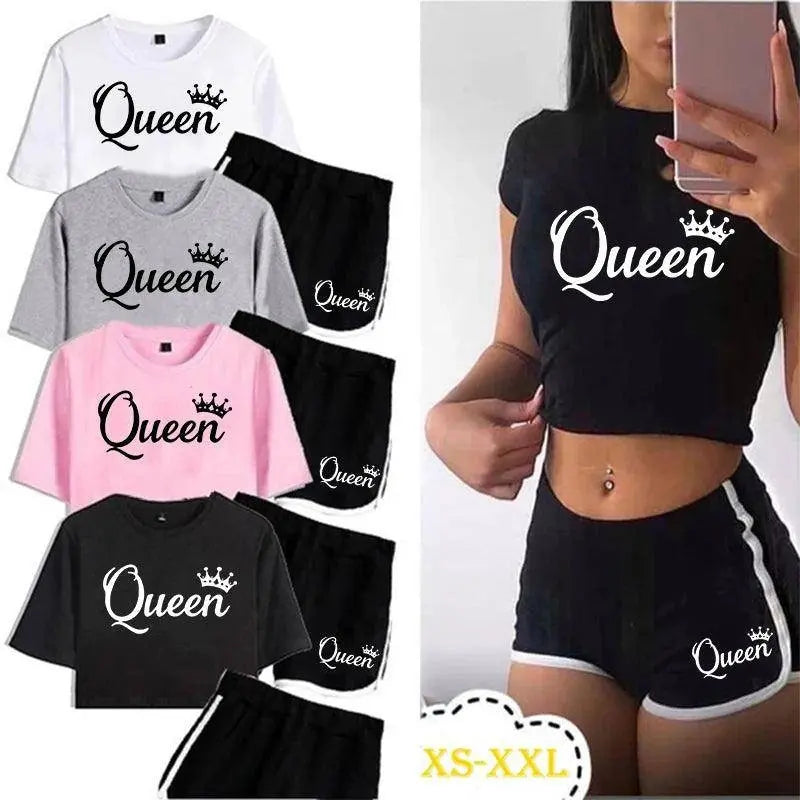 Summer Fashion Women Queen Print Tracksuit Clothes 2 Piece Set Woman Sports Suits Shorts Crop Tops Shorts Pants Outfit - Tophatter Daily Deals