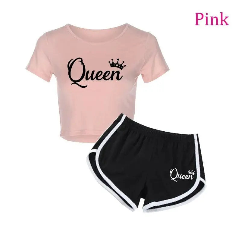 Summer Fashion Women Queen Print Tracksuit Clothes 2 Piece Set Woman Sports Suits Shorts Crop Tops Shorts Pants Outfit Pink - Tophatter Daily Deals
