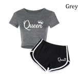 Summer Fashion Women Queen Print Tracksuit Clothes 2 Piece Set Woman Sports Suits Shorts Crop Tops Shorts Pants Outfit GRAY - Tophatter Daily Deals