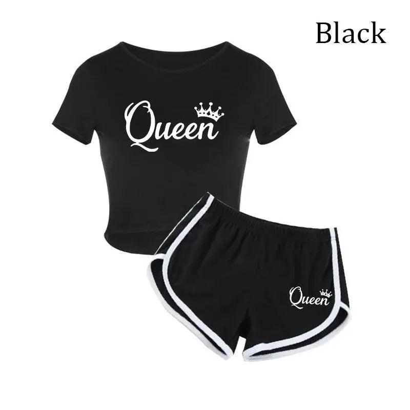 Summer Fashion Women Queen Print Tracksuit Clothes 2 Piece Set Woman Sports Suits Shorts Crop Tops Shorts Pants Outfit black - Tophatter Daily Deals