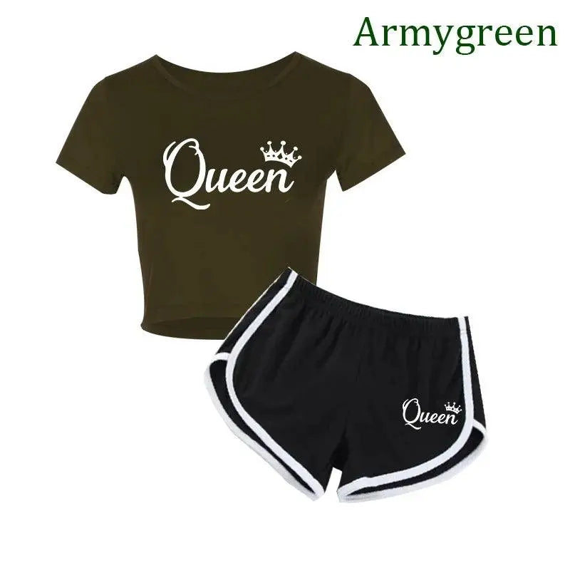 Summer Fashion Women Queen Print Tracksuit Clothes 2 Piece Set Woman Sports Suits Shorts Crop Tops Shorts Pants Outfit army green - Tophatter Daily Deals