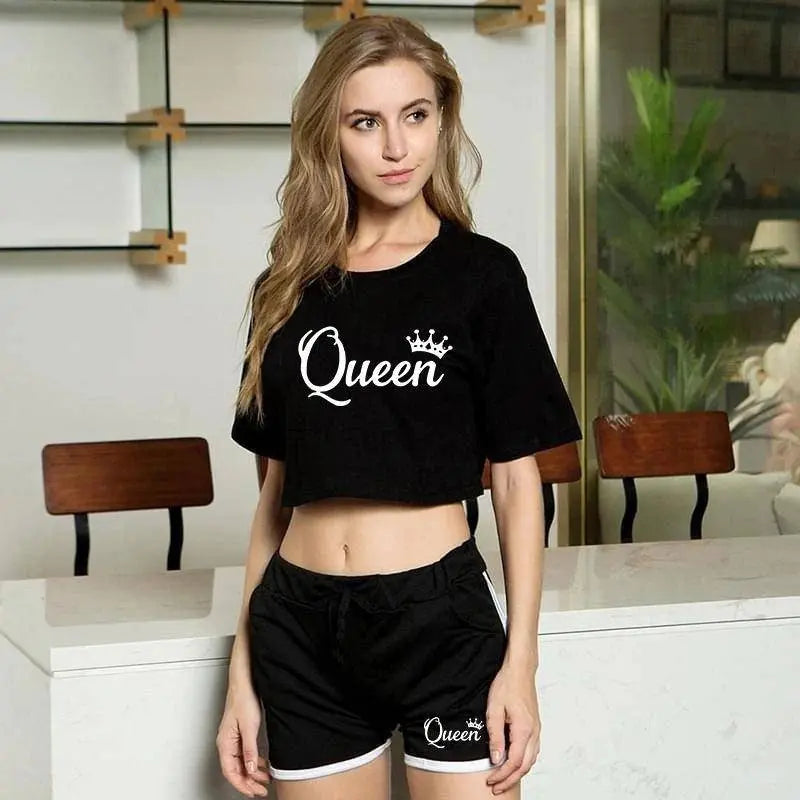 Summer Fashion Women Queen Print Tracksuit Clothes 2 Piece Set Woman Sports Suits Shorts Crop Tops Shorts Pants Outfit - Tophatter Daily Deals