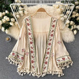 Summer Women's Shirt Bohemian Holiday Style Embroidered Tassel Chiffon Cardigan New Waist Female Slim Short Tops E015 - Tophatter Daily Deals