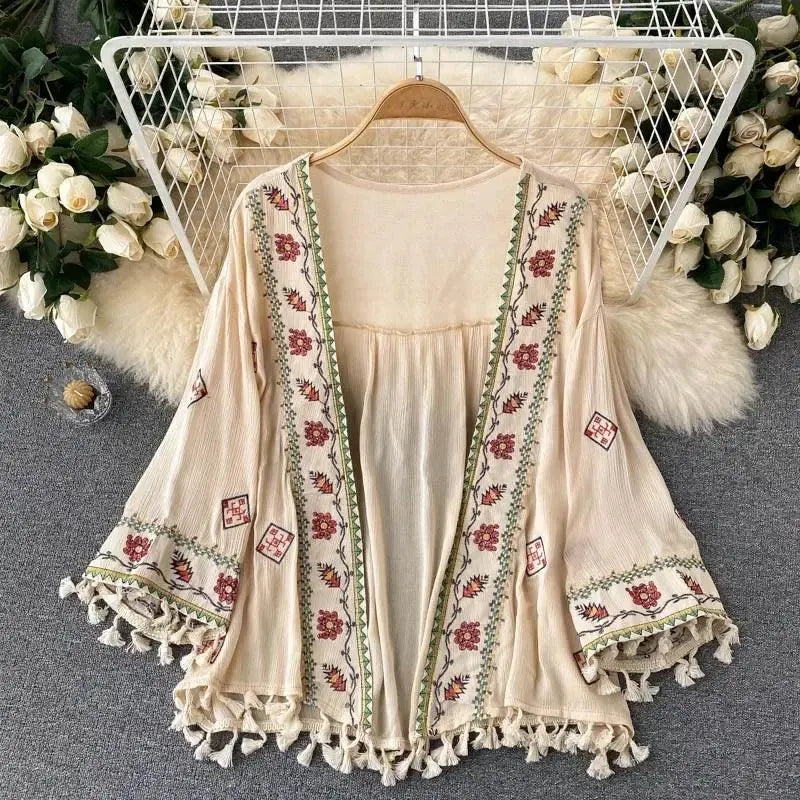 Summer Women's Shirt Bohemian Holiday Style Embroidered Tassel Chiffon Cardigan New Waist Female Slim Short Tops E015 - Tophatter Daily Deals
