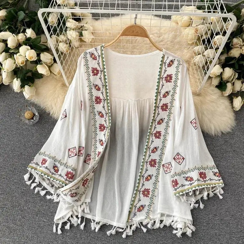 Summer Women's Shirt Bohemian Holiday Style Embroidered Tassel Chiffon Cardigan New Waist Female Slim Short Tops E015 White One Size - Tophatter Daily Deals