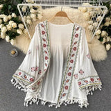 Summer Women's Shirt Bohemian Holiday Style Embroidered Tassel Chiffon Cardigan New Waist Female Slim Short Tops E015 White One Size - Tophatter Daily Deals