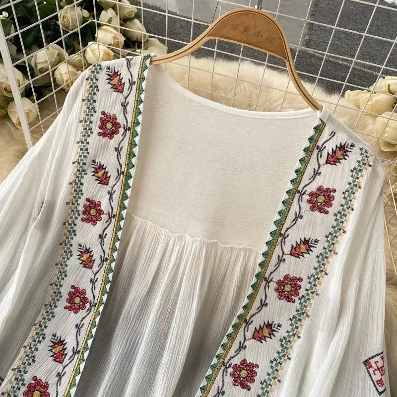 Summer Women's Shirt Bohemian Holiday Style Embroidered Tassel Chiffon Cardigan New Waist Female Slim Short Tops E015 - Tophatter Daily Deals