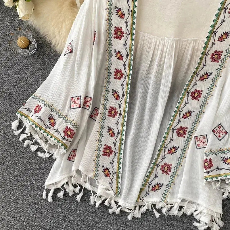Summer Women's Shirt Bohemian Holiday Style Embroidered Tassel Chiffon Cardigan New Waist Female Slim Short Tops E015 - Tophatter Daily Deals