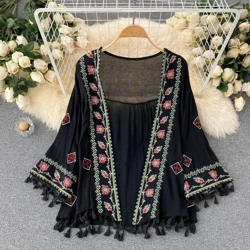 Summer Women's Shirt Bohemian Holiday Style Embroidered Tassel Chiffon Cardigan New Waist Female Slim Short Tops E015 Black One Size - Tophatter Daily Deals