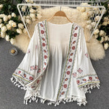 Summer Women's Shirt Bohemian Holiday Style Embroidered Tassel Chiffon Cardigan New Waist Female Slim Short Tops E015 - Tophatter Daily Deals