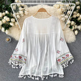 Summer Women's Shirt Bohemian Holiday Style Embroidered Tassel Chiffon Cardigan New Waist Female Slim Short Tops E015 - Tophatter Daily Deals