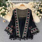 Summer Women's Shirt Bohemian Holiday Style Embroidered Tassel Chiffon Cardigan New Waist Female Slim Short Tops E015 - Tophatter Daily Deals
