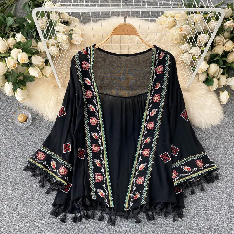 Summer Women's Shirt Bohemian Holiday Style Embroidered Tassel Chiffon Cardigan New Waist Female Slim Short Tops E015 - Tophatter Daily Deals
