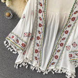 Summer Women's Shirt Bohemian Holiday Style Embroidered Tassel Chiffon Cardigan New Waist Female Slim Short Tops E015 - Tophatter Daily Deals