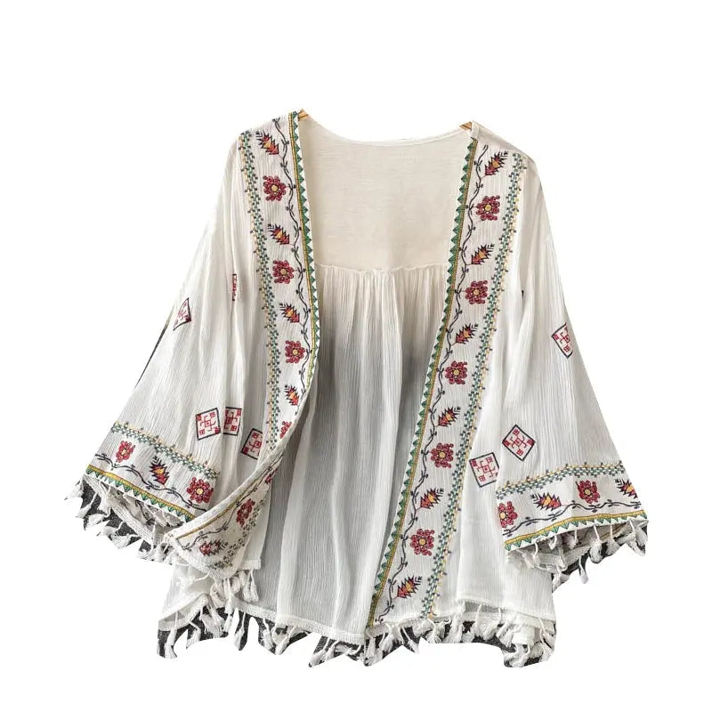 Summer Women's Shirt Bohemian Holiday Style Embroidered Tassel Chiffon Cardigan New Waist Female Slim Short Tops E015 - Tophatter Daily Deals