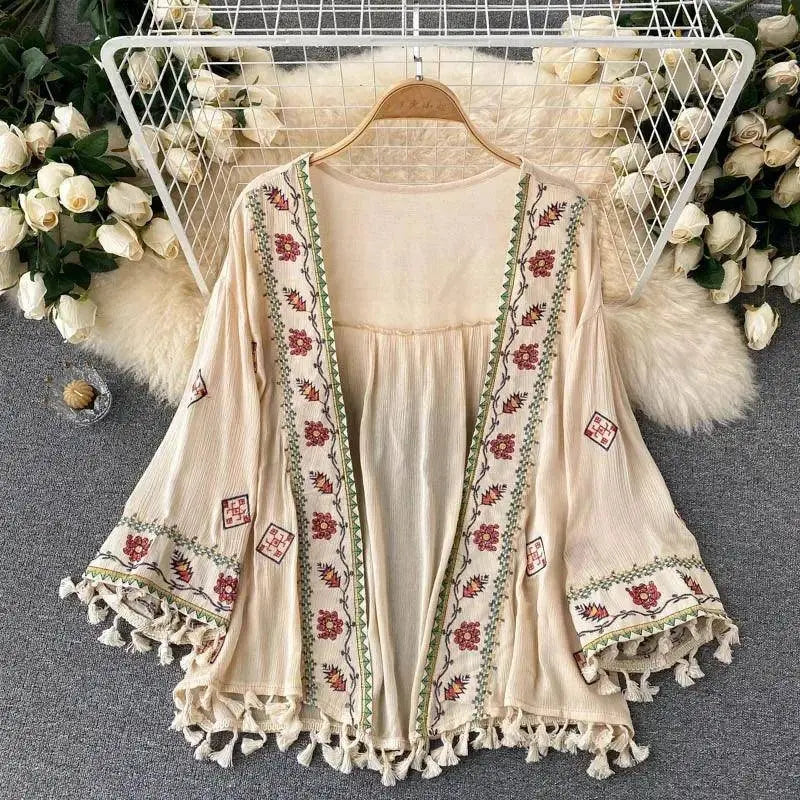 Summer Women's Shirt Bohemian Holiday Style Embroidered Tassel Chiffon Cardigan New Waist Female Slim Short Tops E015 Beige One Size - Tophatter Daily Deals