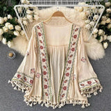Summer Women's Shirt Bohemian Holiday Style Embroidered Tassel Chiffon Cardigan New Waist Female Slim Short Tops E015 Beige One Size - Tophatter Daily Deals
