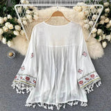 Summer Women's Shirt Bohemian Holiday Style Embroidered Tassel Chiffon Cardigan New Waist Female Slim Short Tops E015 - Tophatter Daily Deals