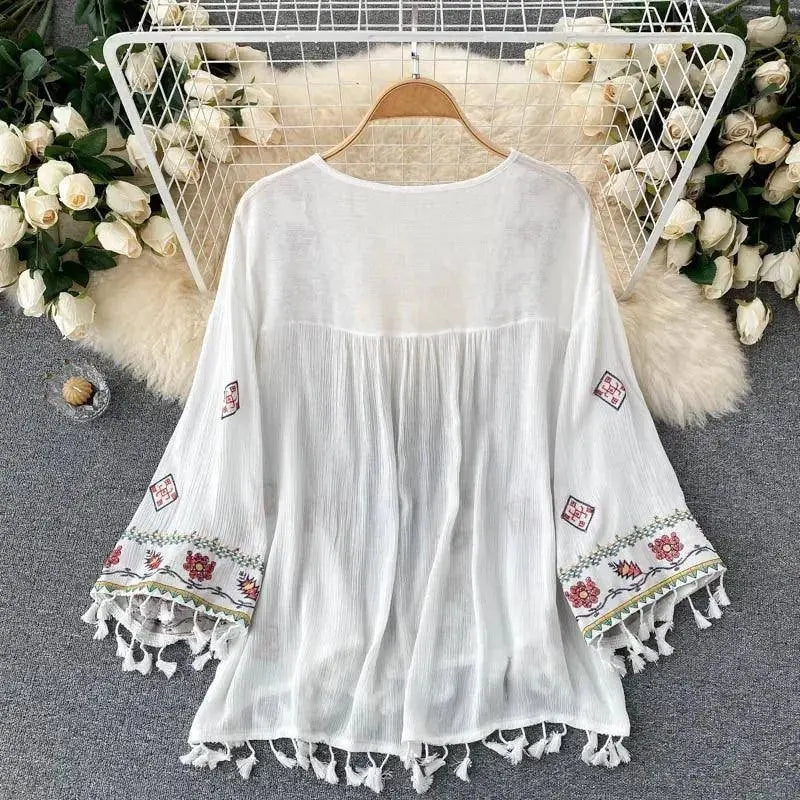 Summer Women's Shirt Bohemian Holiday Style Embroidered Tassel Chiffon Cardigan New Waist Female Slim Short Tops E015 - Tophatter Daily Deals