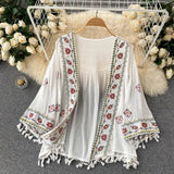 Summer Women's Shirt Bohemian Holiday Style Embroidered Tassel Chiffon Cardigan New Waist Female Slim Short Tops E015 - Tophatter Daily Deals