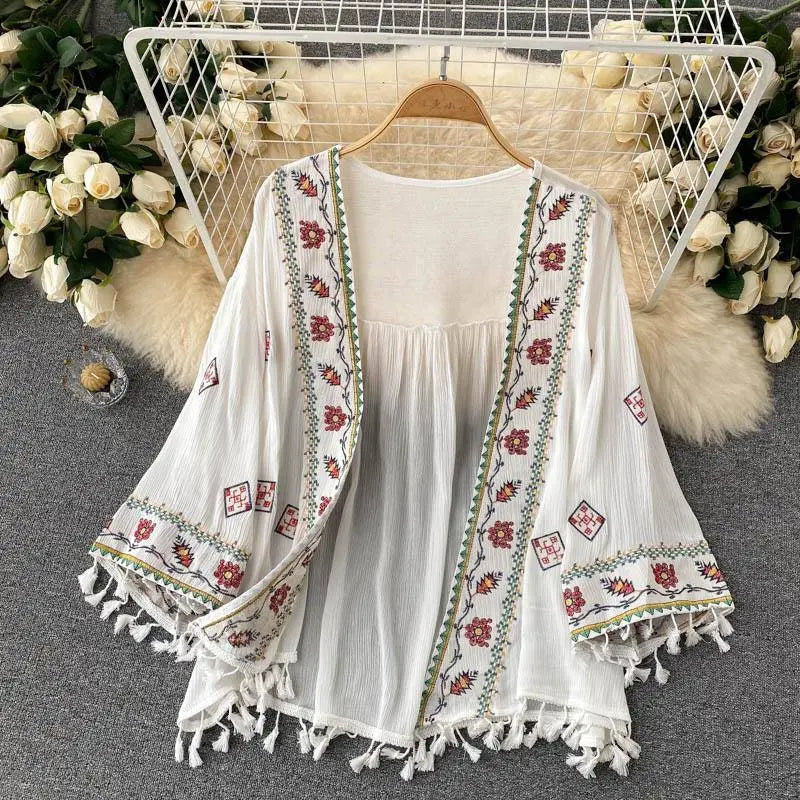 Summer Women's Shirt Bohemian Holiday Style Embroidered Tassel Chiffon Cardigan New Waist Female Slim Short Tops E015 - Tophatter Daily Deals