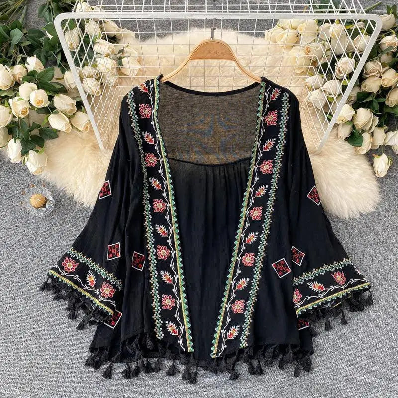 Summer Women's Shirt Bohemian Holiday Style Embroidered Tassel Chiffon Cardigan New Waist Female Slim Short Tops E015 - Tophatter Daily Deals