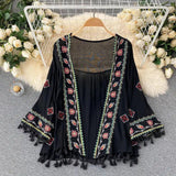 Summer Women's Shirt Bohemian Holiday Style Embroidered Tassel Chiffon Cardigan New Waist Female Slim Short Tops E015 - Tophatter Daily Deals