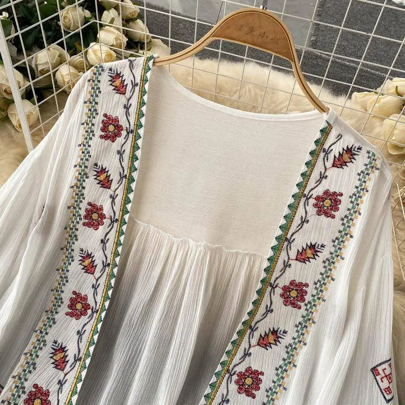 Summer Women's Shirt Bohemian Holiday Style Embroidered Tassel Chiffon Cardigan New Waist Female Slim Short Tops E015 - Tophatter Daily Deals