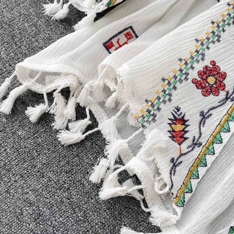 Summer Women's Shirt Bohemian Holiday Style Embroidered Tassel Chiffon Cardigan New Waist Female Slim Short Tops E015 - Tophatter Daily Deals