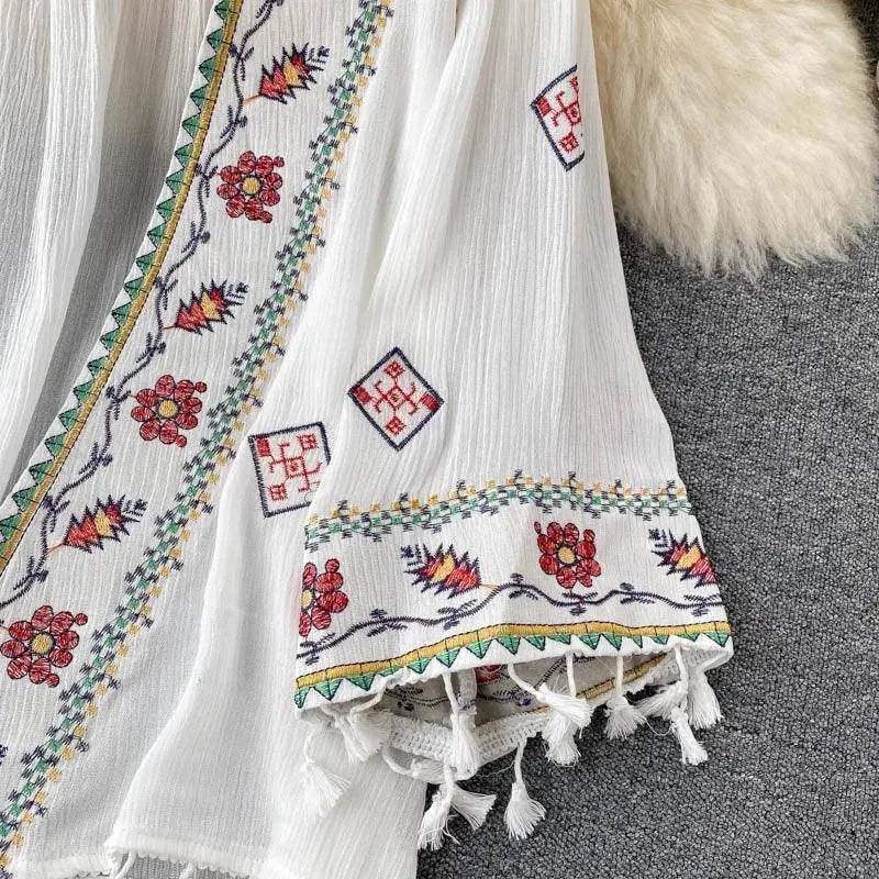 Summer Women's Shirt Bohemian Holiday Style Embroidered Tassel Chiffon Cardigan New Waist Female Slim Short Tops E015 - Tophatter Daily Deals