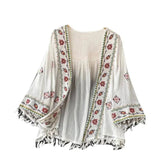 Summer Women's Shirt Bohemian Holiday Style Embroidered Tassel Chiffon Cardigan New Waist Female Slim Short Tops E015 - Tophatter Daily Deals