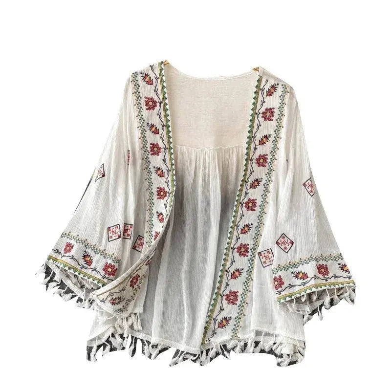Summer Women's Shirt Bohemian Holiday Style Embroidered Tassel Chiffon Cardigan New Waist Female Slim Short Tops E015 - Tophatter Daily Deals