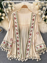 Summer Women's Shirt Bohemian Holiday Style Embroidered Tassel Chiffon Cardigan New Waist Female Slim Short Tops E015 - Tophatter Daily Deals