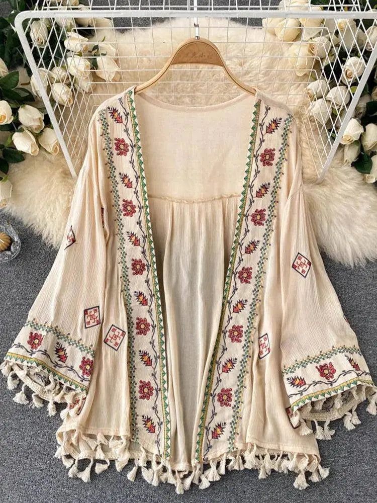 Summer Women's Shirt Bohemian Holiday Style Embroidered Tassel Chiffon Cardigan New Waist Female Slim Short Tops E015 - Tophatter Daily Deals