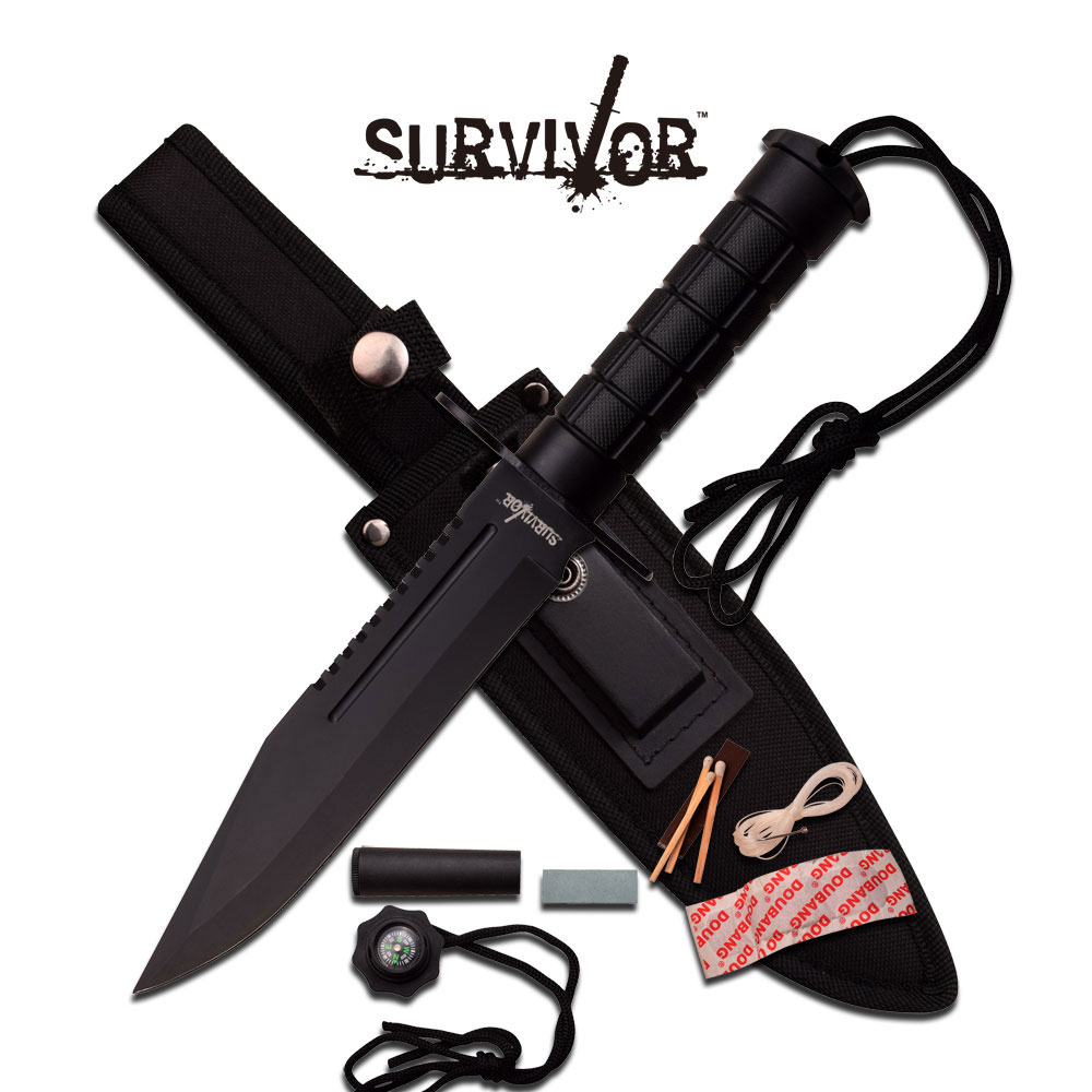 Survivor Hunting Knife Black Tactical Rambo Style w/ Survival Kit Knife-Fixed - Tophatter Daily Deals