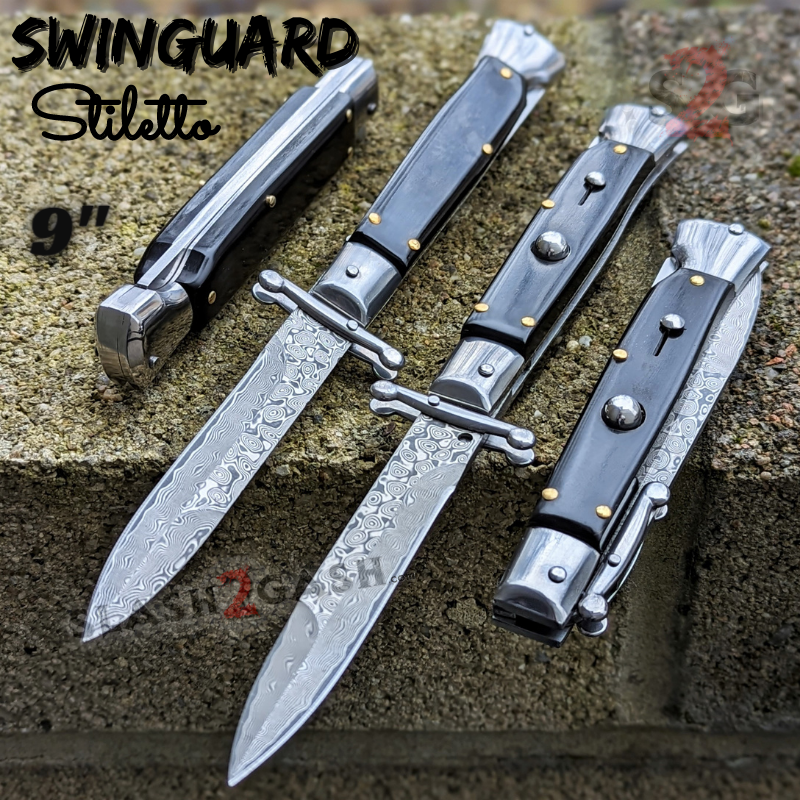 Swinguard Stiletto Knife Rare Italian Automatic - Buffalo Horn Damascus Buffalo Horn - Damascus Knife-Auto - Tophatter Daily Deals