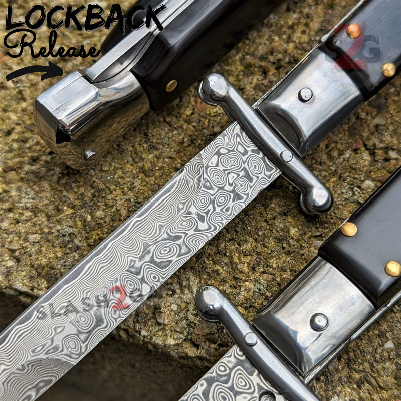 Swinguard Stiletto Knife Rare Italian Automatic - Buffalo Horn Damascus Knife-Auto - Tophatter Daily Deals