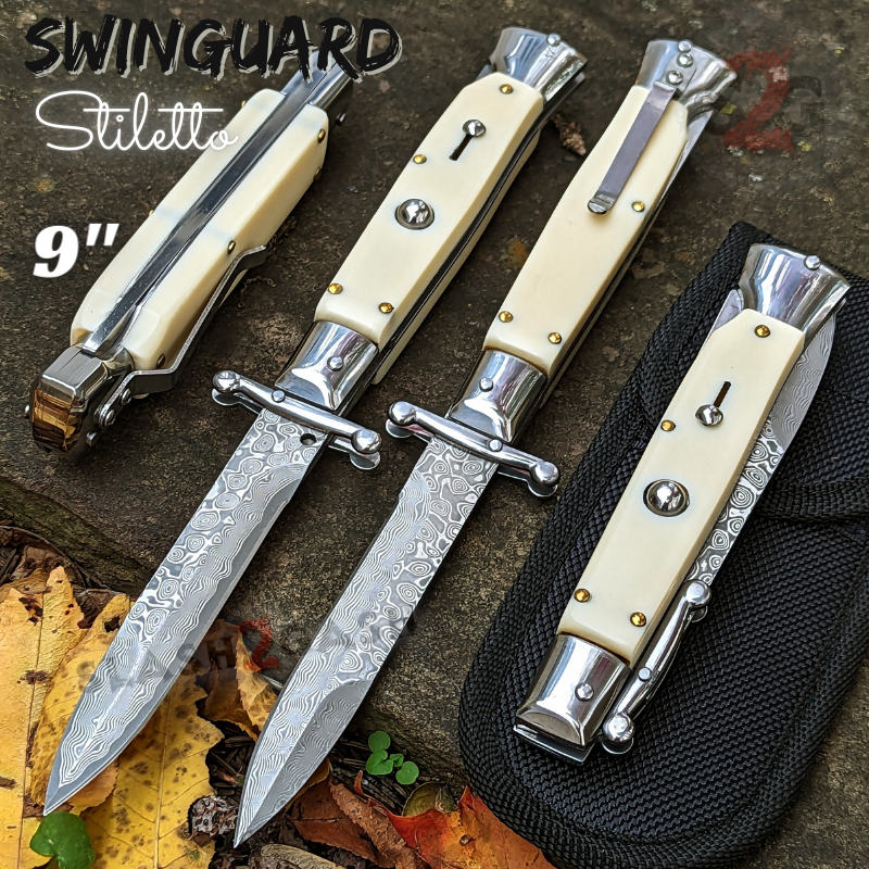 Swinguard Stiletto Knife Rare Italian Style Automatic - Asst. Colors Damascus - Faux Bone Knife-Auto - Tophatter Daily Deals