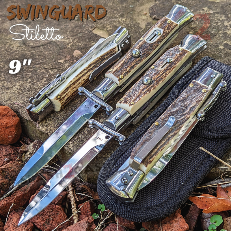Swinguard Stiletto Knife Rare Italian Style Automatic - Asst. Colors 440C Mirror Finish - Stag Knife-Auto - Tophatter Daily Deals