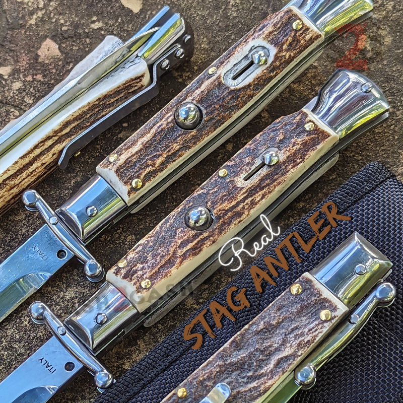 Swinguard Stiletto Knife Rare Italian Automatic - Stag Antler 440C Knife-Auto - Tophatter Daily Deals