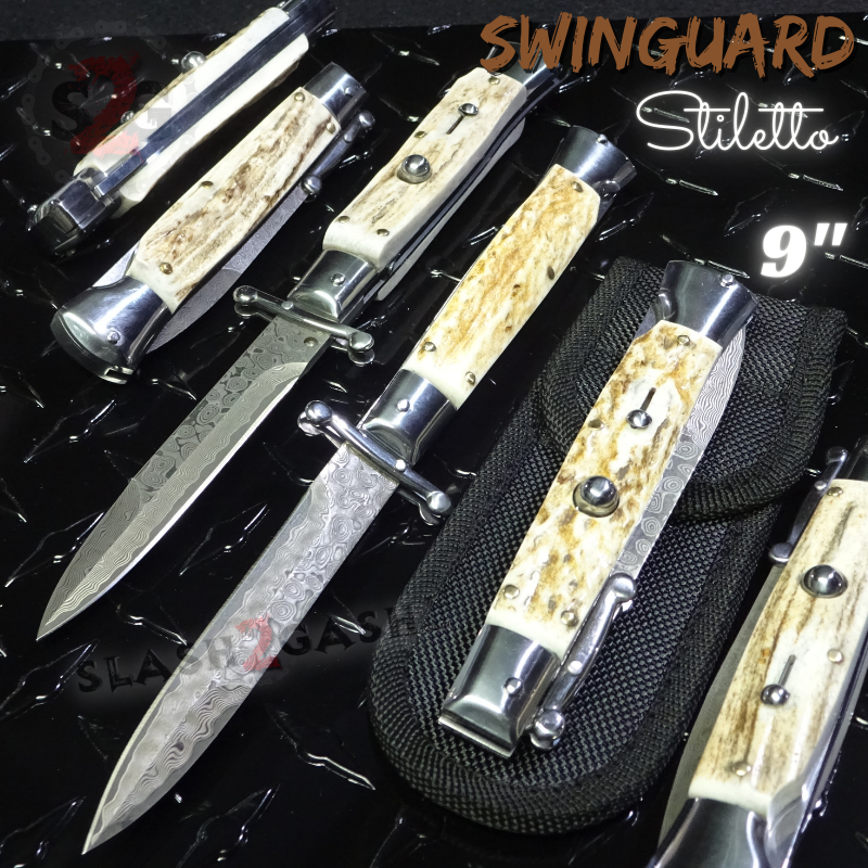 Swinguard Stiletto Knife Rare Italian Style Automatic - Asst. Colors Damascus - Stag Knife-Auto - Tophatter Daily Deals