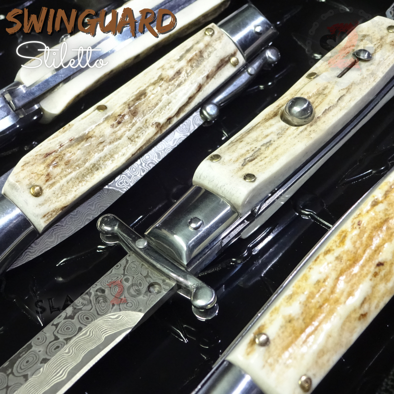 Swinguard Stiletto Knife Rare Italian Automatic - Stag Antler Damascus Knife-Auto - Tophatter Daily Deals