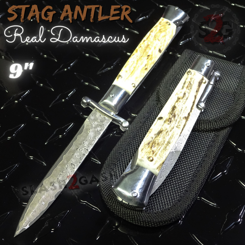 Swinguard Stiletto Knife Rare Italian Automatic - Stag Antler Damascus Knife-Auto - Tophatter Daily Deals