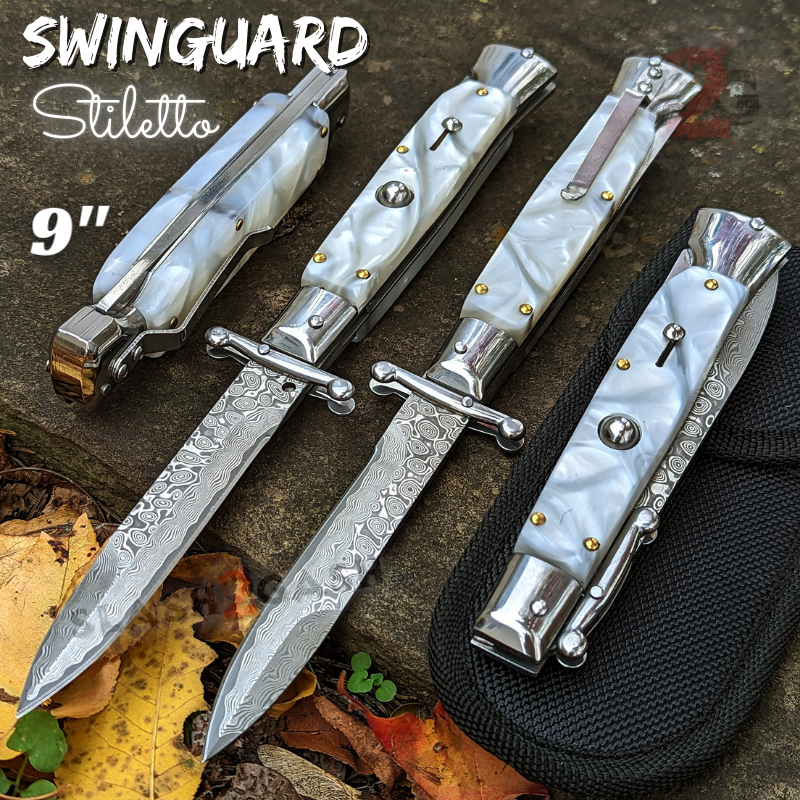 Swinguard Stiletto Knife Rare Italian Automatic - White Marble Damascus Damascus - White Marble (acrylic) Knife-Auto - Tophatter Daily Deals