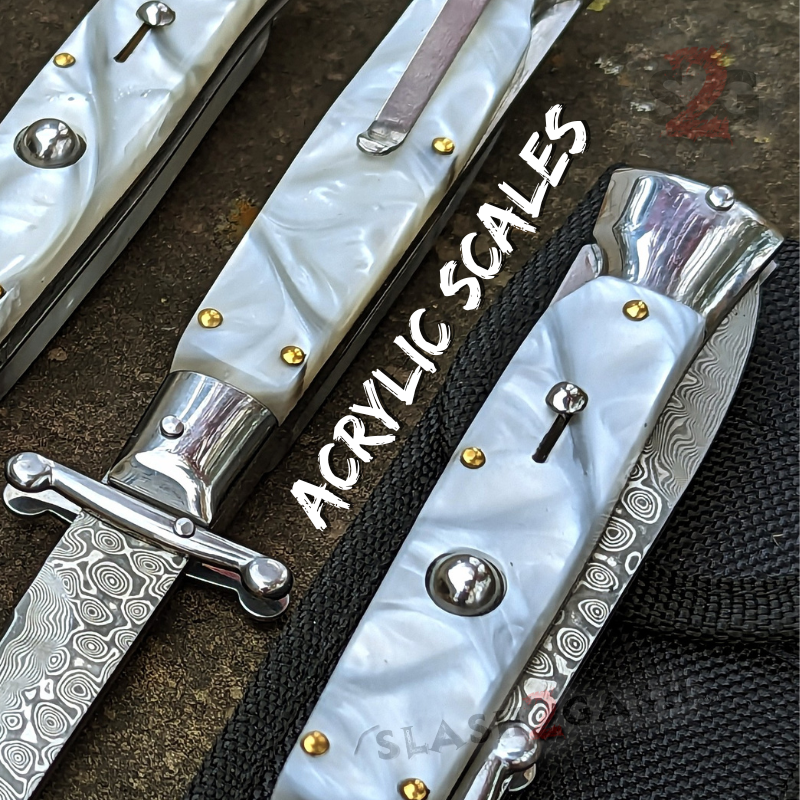 Swinguard Stiletto Knife Rare Italian Automatic - White Marble Damascus Knife-Auto - Tophatter Daily Deals