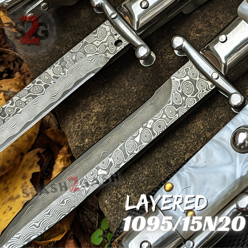 Swinguard Stiletto Knife Rare Italian Automatic - White Marble Damascus Knife-Auto - Tophatter Daily Deals