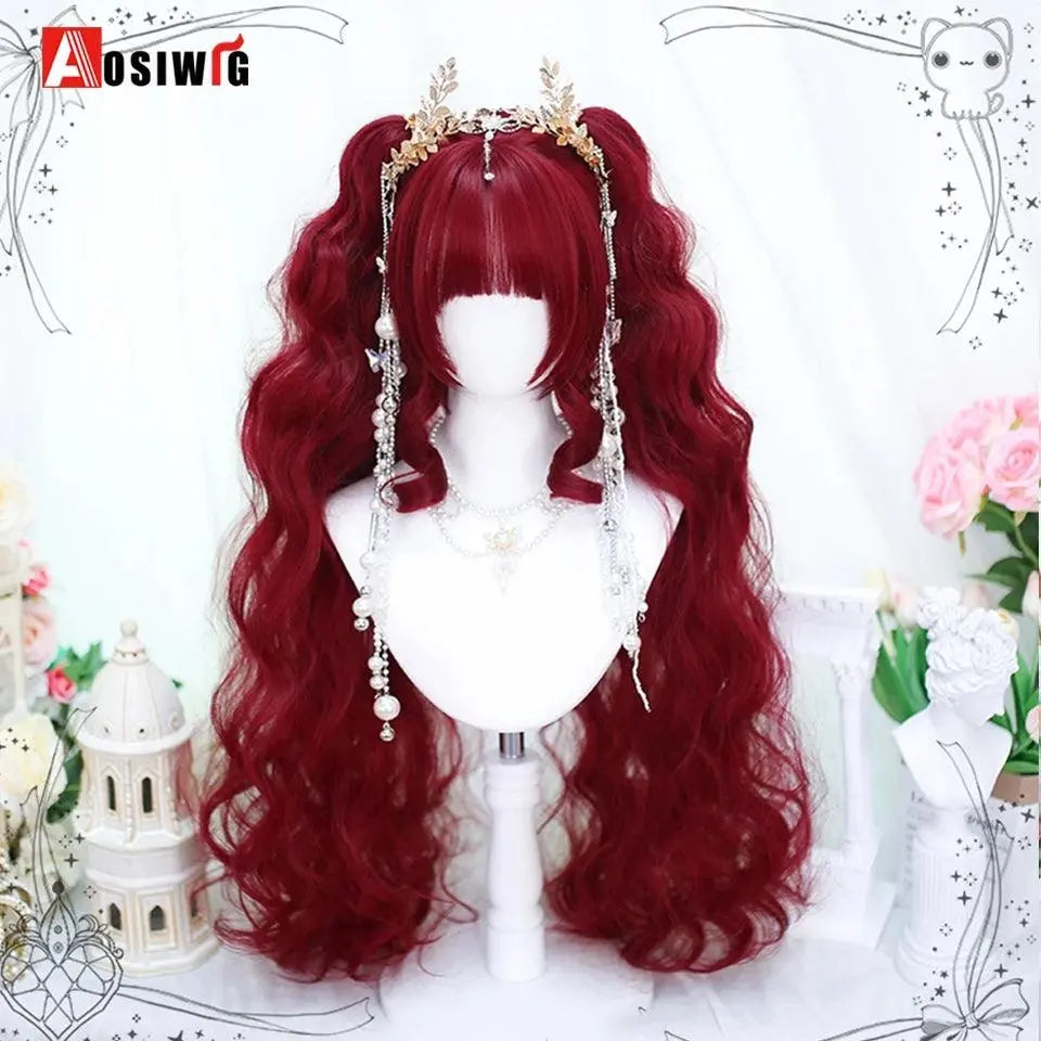 Synthetic Red Long Curly Double ponytail Lolita Cosplay Halloween Wig Female Wig with Ponytail Natural Fake Hair For Women 2 - Tophatter Daily Deals